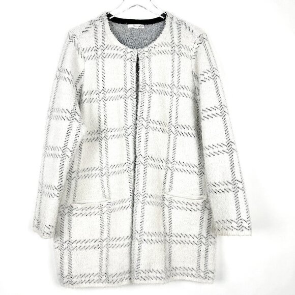 89th & Madison Cardigan Womens 1X White Black Windowpane Plaid Eyelash Knit - Picture 1 of 14